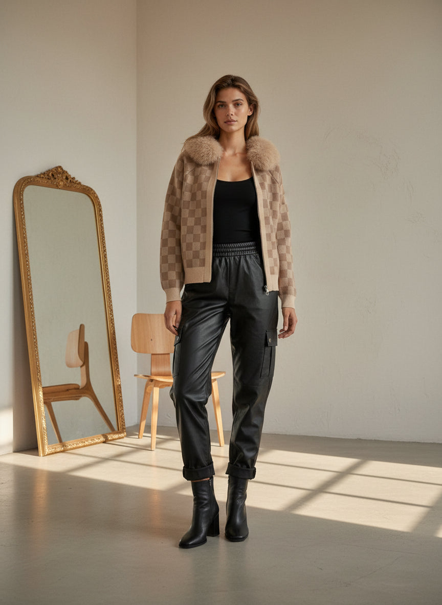 Mocha Checkered Bomber Jacket with Faux Fur Hood