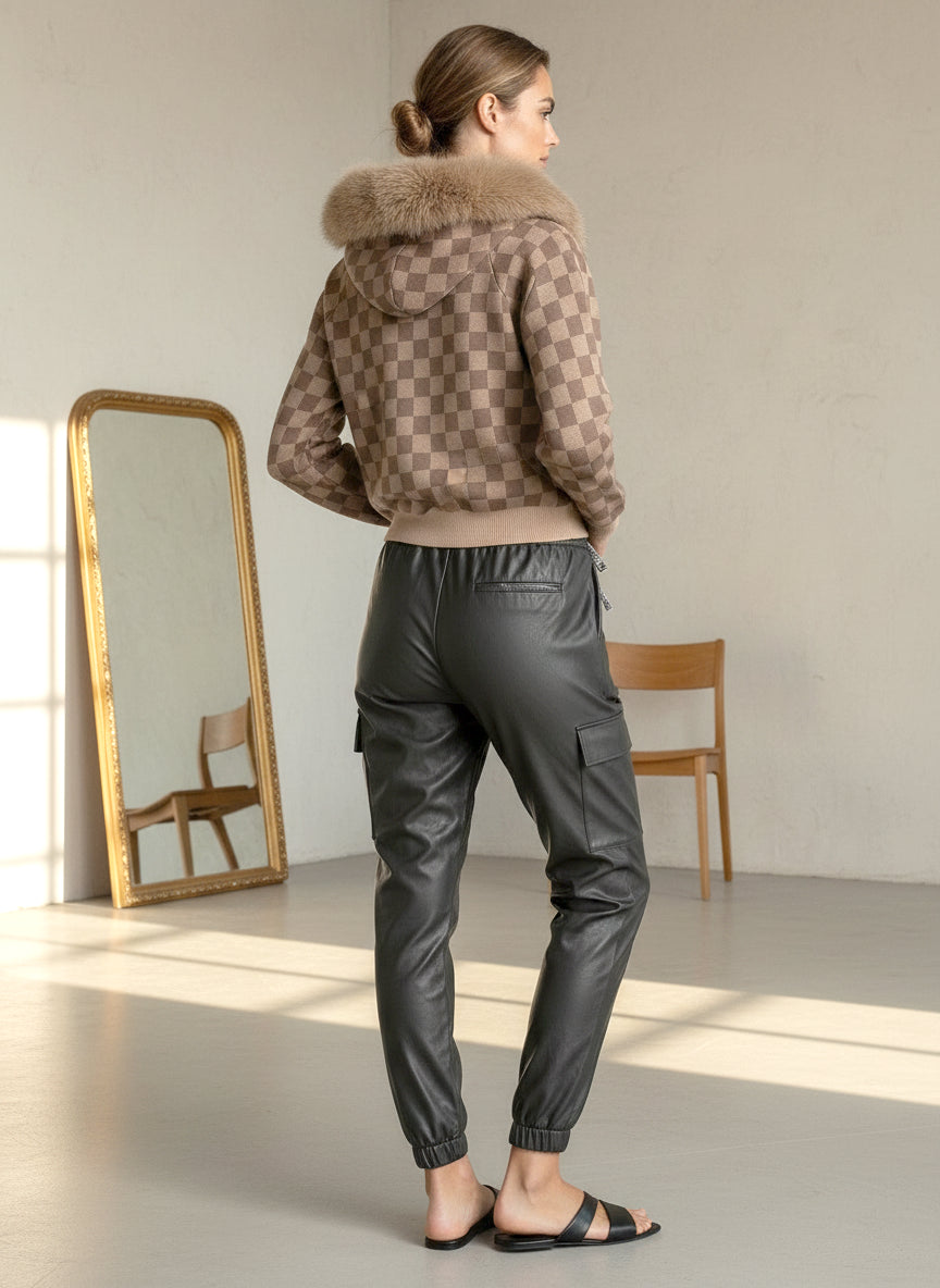 Mocha Checkered Bomber Jacket with Faux Fur Hood